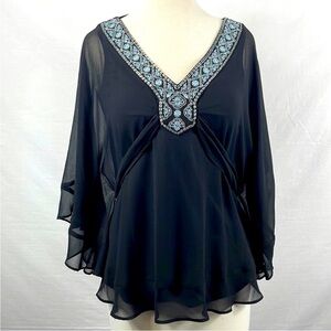 WHBM Black Embellished Trim Neck Sheer Kimono Blouse Sz XS EUC